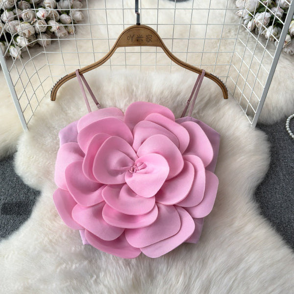 Top Hadley roz pudra cu bretele si floare tridimensionala