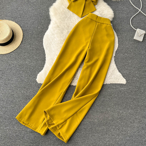 Set Brigitta galben compus din pantaloni usor evazati si top cu bretele