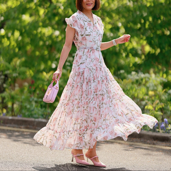 Rochie Gyda alba cu imprimeu floral si curea accesorizata