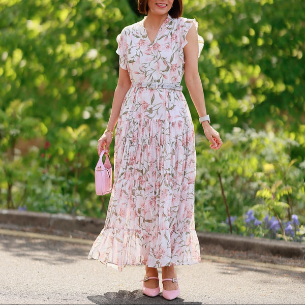 Rochie Gyda alba cu imprimeu floral si curea accesorizata