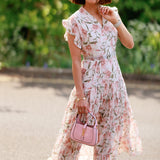Rochie Gyda alba cu imprimeu floral si curea accesorizata