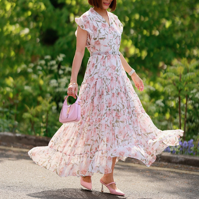 Rochie Gyda alba cu imprimeu floral si curea accesorizata