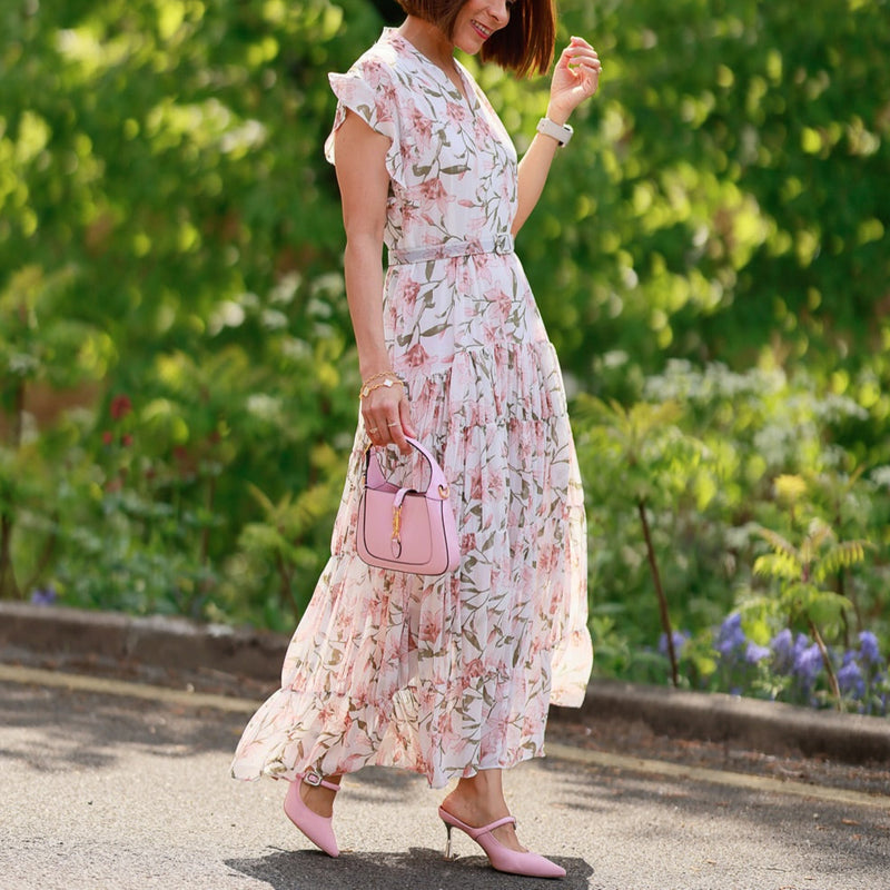 Rochie Gyda alba cu imprimeu floral si curea accesorizata