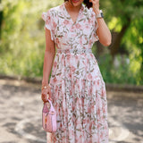 Rochie Gyda alba cu imprimeu floral si curea accesorizata