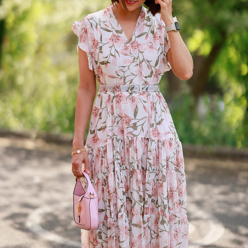 Rochie Gyda alba cu imprimeu floral si curea accesorizata