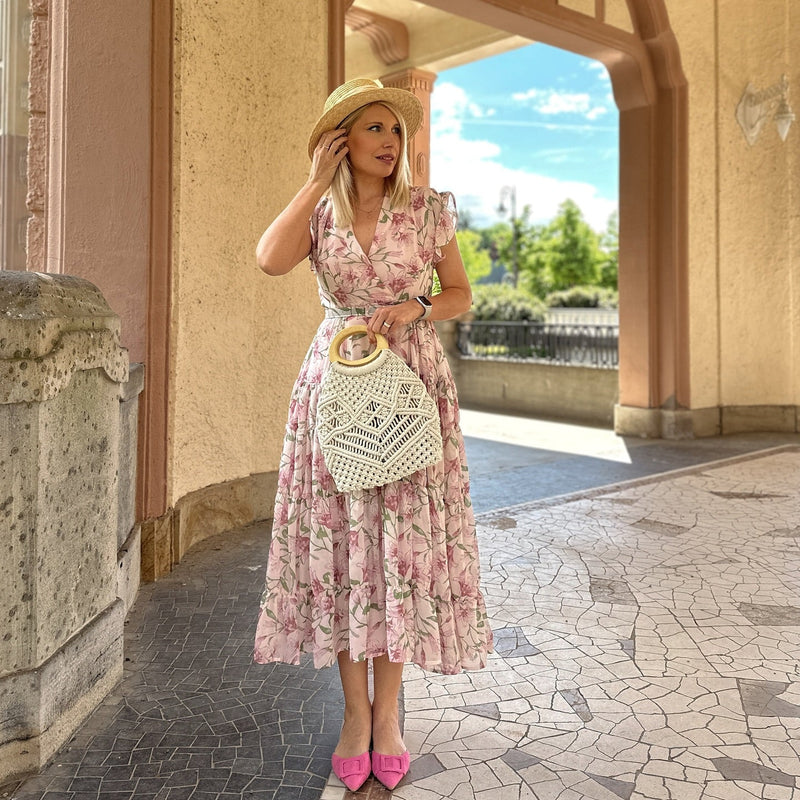 Rochie Gyda alba cu imprimeu floral si curea accesorizata