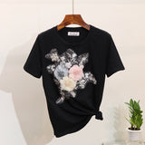 Set Berdine negru compus din tricou si pantaloni cu detalii florale
