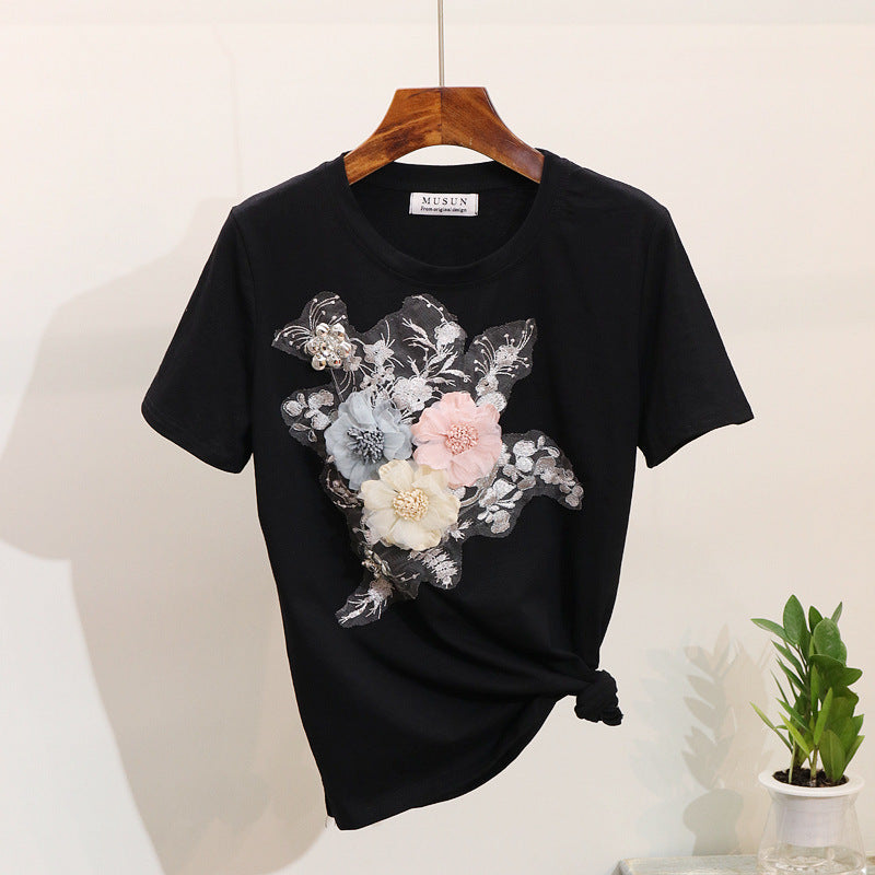 Set Berdine negru compus din tricou si pantaloni cu detalii florale