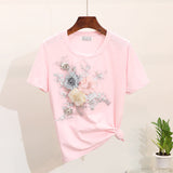 Set Berdine roz compus din tricou si pantaloni cu detalii florale