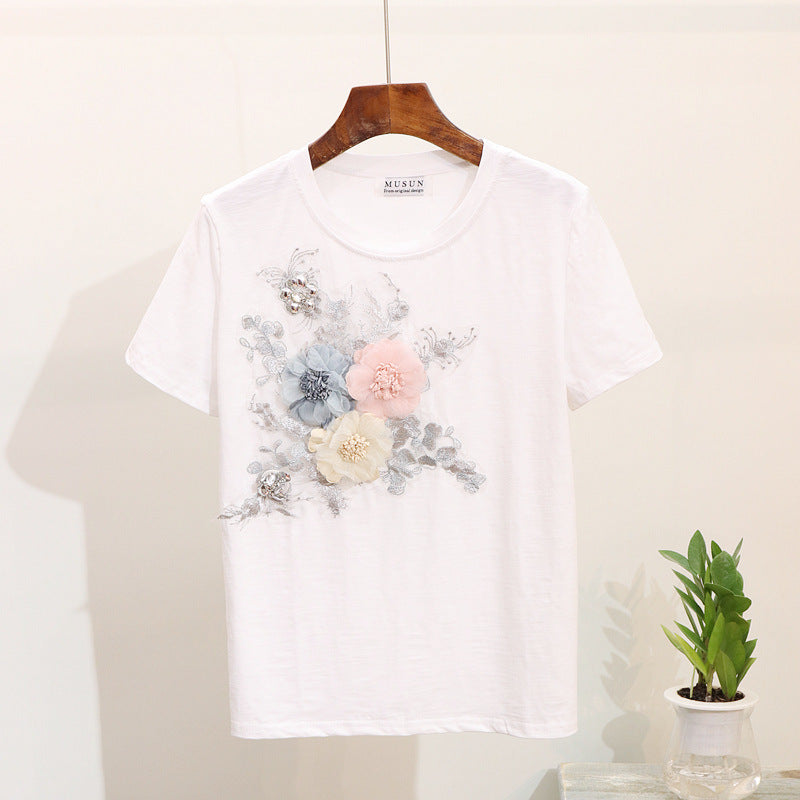Set Berdine roz compus din tricou si pantaloni cu detalii florale