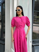 Rochie Afrodita roz cu nasturi tip perle si maneci bufante