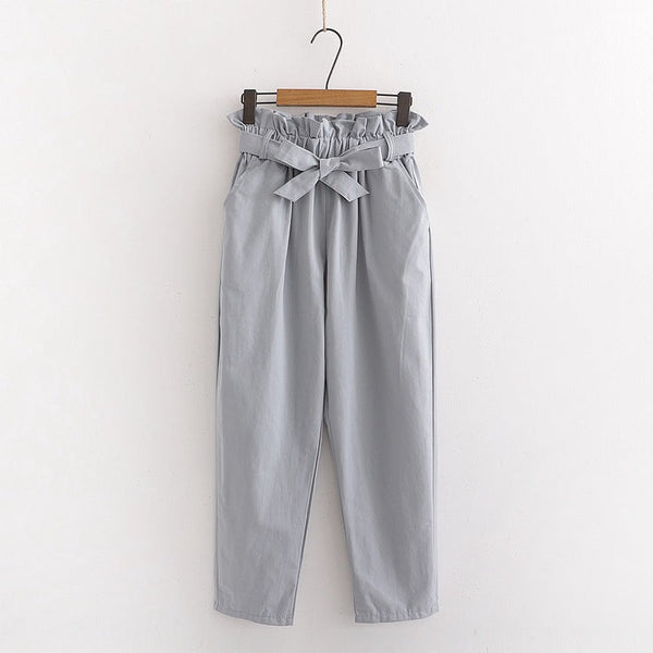 Pantaloni Page gri cu talie inalta si cordon accesorizat