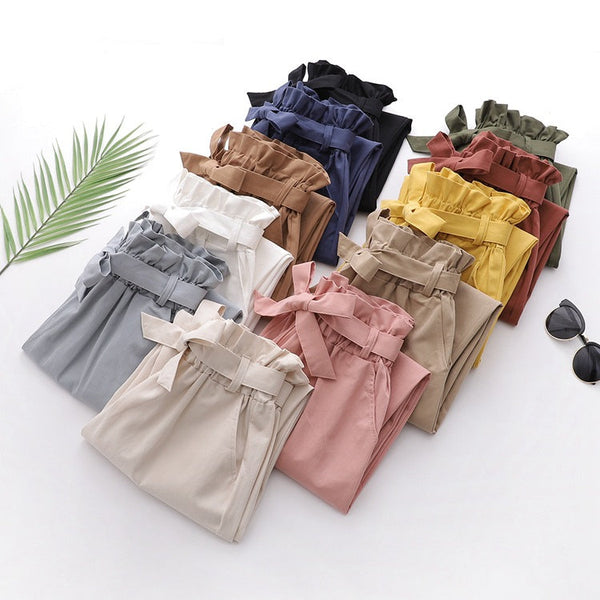 Pantaloni Page gri cu talie inalta si cordon accesorizat