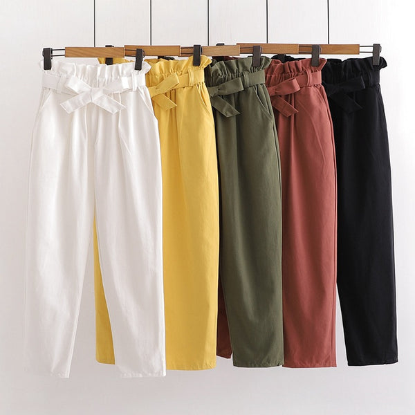 Pantaloni Page galbeni cu talie inalta si cordon accesorizat