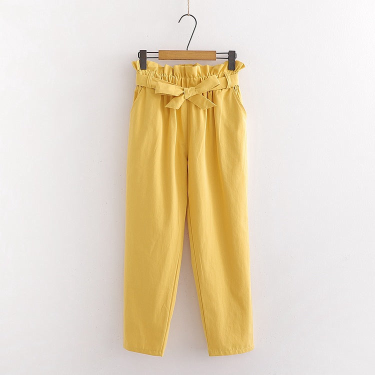 Pantaloni Page galbeni cu talie inalta si cordon accesorizat
