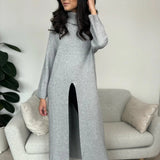 Pulover Zuella lung tricotat cu croi larg si slit frontal