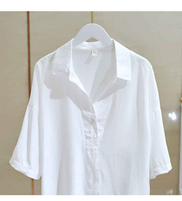 Bluza Eira alba tip camasa cu decolteu in V si mansete late