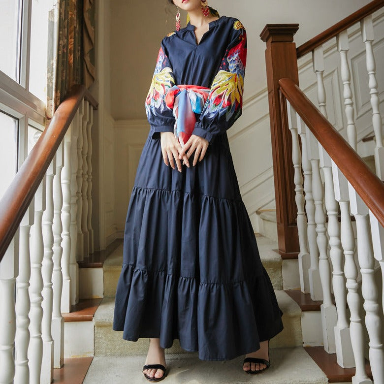 Rochie Napola bleumarin cu maneci bufante si detalii florale brodate