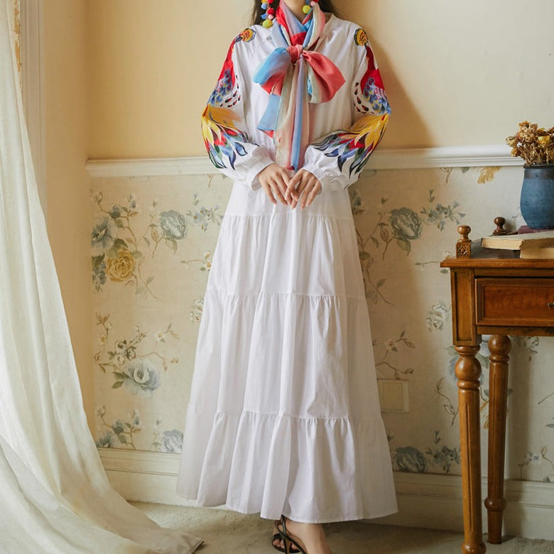 Rochie Napola alba cu maneci bufante si detalii florale brodate