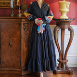 Rochie Napola bleumarin cu maneci bufante si detalii florale brodate