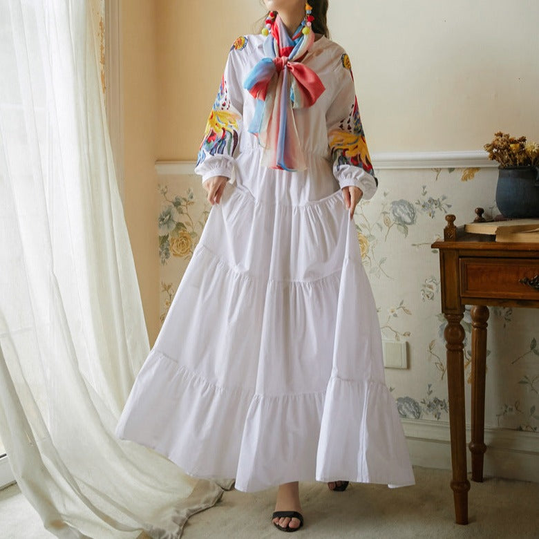 Rochie Napola alba cu maneci bufante si detalii florale brodate