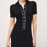 Rochie Ella neagra cu guler polo din tricot reiat