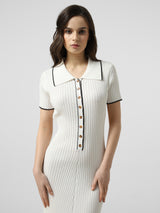 Rochie Ella alba cu guler polo din tricot reiat