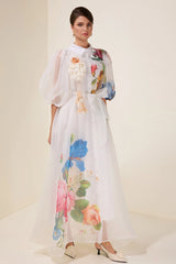 Rochie maxi Peonia din organza cu imprimeu floral