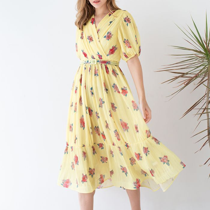 Rochie Echim galbena cu pliuri si imprimeu floral