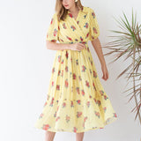 Rochie Echim galbena cu pliuri si imprimeu floral