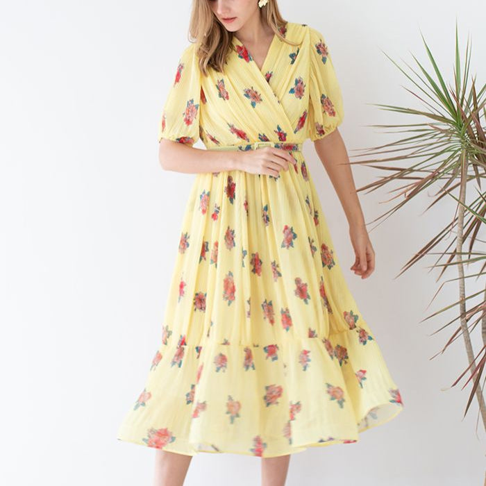 Rochie Echim galbena cu pliuri si imprimeu floral