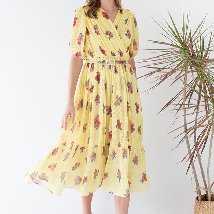 Rochie Echim galbena cu pliuri si imprimeu floral