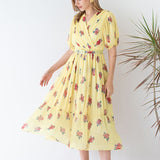 Rochie Echim galbena cu pliuri si imprimeu floral