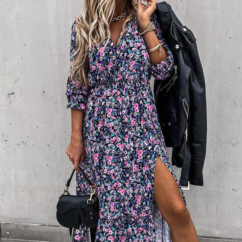 Rochie Naya cu imprimeu floral si nasturi imbracati