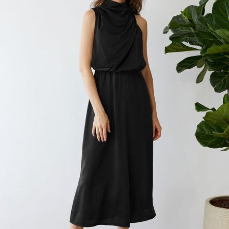 Rochie Clara neagra din satin, cu fermoar ascuns la spate