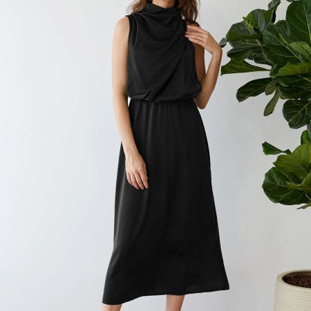 Rochie Clara neagra din satin, cu fermoar ascuns la spate