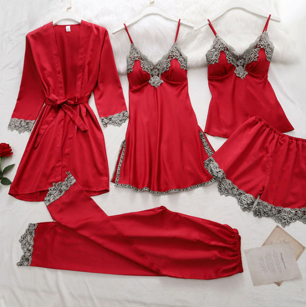 Set pijama Nulefer rosu din tesatura satinata si dantela - 5 piese