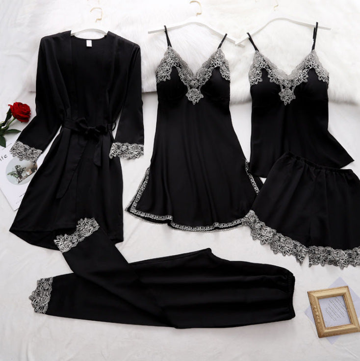 Set pijama Nulefer rosu din tesatura satinata si dantela - 5 piese