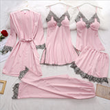 Set pijama Nulefer rosu din tesatura satinata si dantela - 5 piese