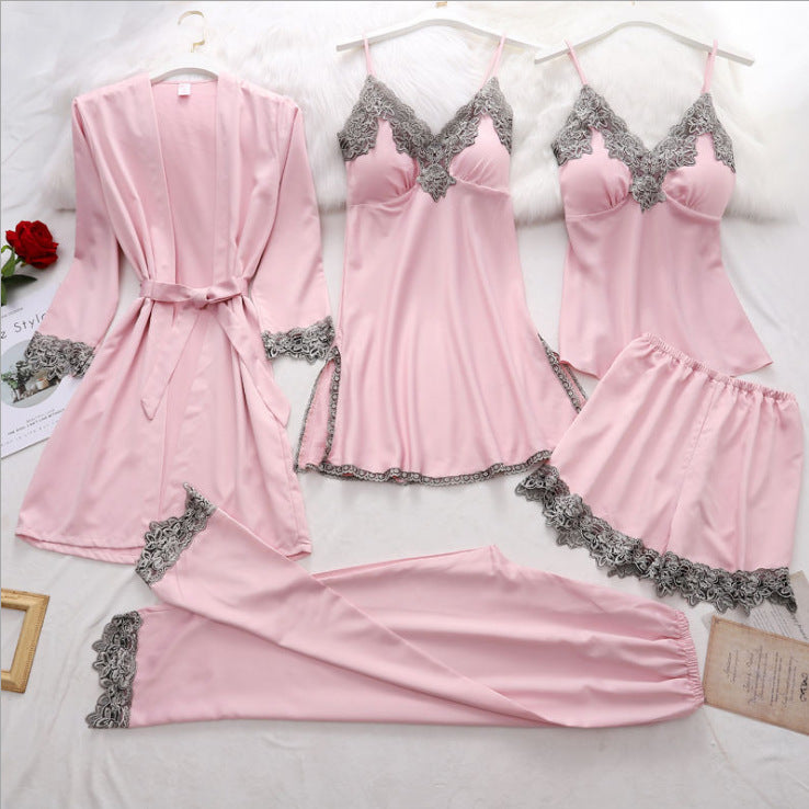 Set pijama Nulefer rosu din tesatura satinata si dantela - 5 piese