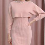 Set Redonita roz din tricot fin -  compus din rochie  si pulover