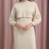 Set Redonita crem din tricot fin -  compus din rochie cu bretele si pulover cu decolteu accesorizat