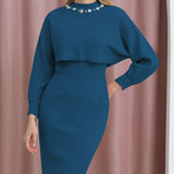 Set Redonita albastru din tricot fin -  compus din rochie cu bretele si pulover cu decolteu accesorizat