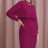 Set Redonita violet din tricot fin -  compus din rochie cu bretele si pulover cu decolteu accesorizat
