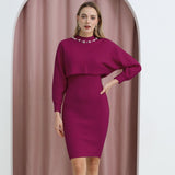 Set Redonita violet din tricot fin -  compus din rochie cu bretele si pulover cu decolteu accesorizat