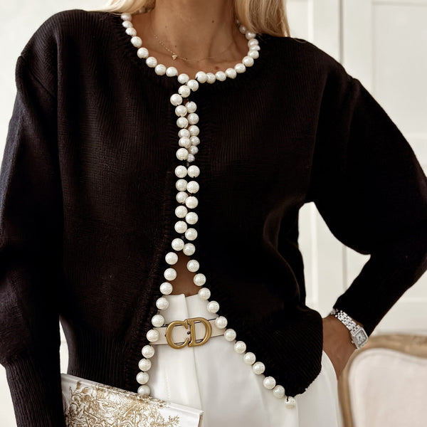 Cardigan tricotat negru cu perle Bloom