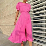 Rochie Afrodita roz cu nasturi tip perle si maneci bufante