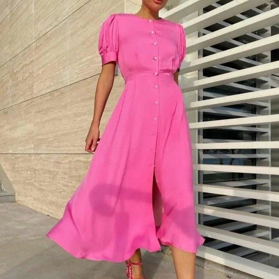 Rochie Afrodita roz cu nasturi tip perle si maneci bufante