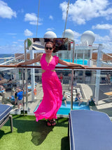 Set Minda roz compus din costum de baie si fusta lunga vaporoasa