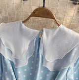 Rochie Amedia albastra cu imprimeu buline si guler dublu